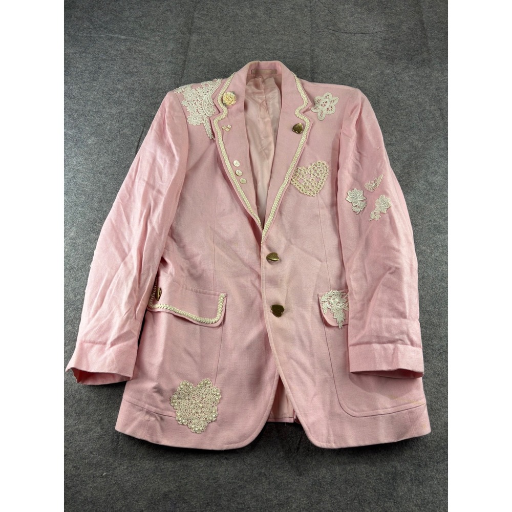 VTG Pink Lace Applique Heart Button Blazer Coquette Romantic Chic Western 14?